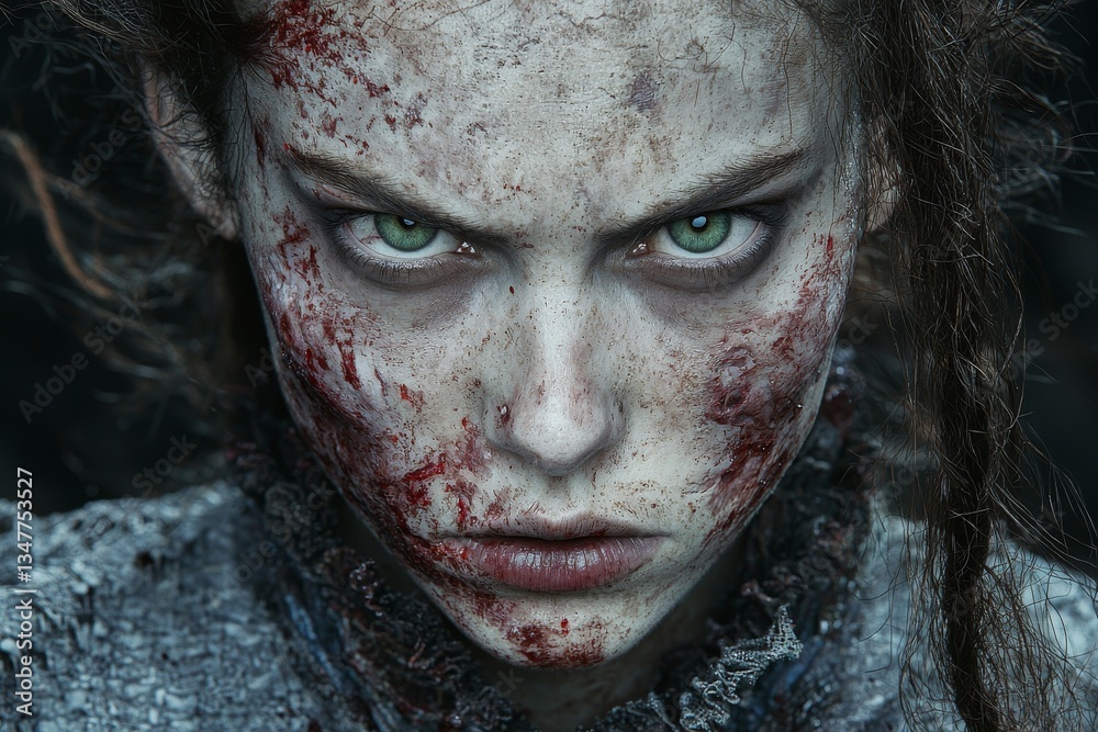 Fototapeta premium The image depicts a terrifying female zombie in a close-up shot, embodying the horror often associated with Halloween