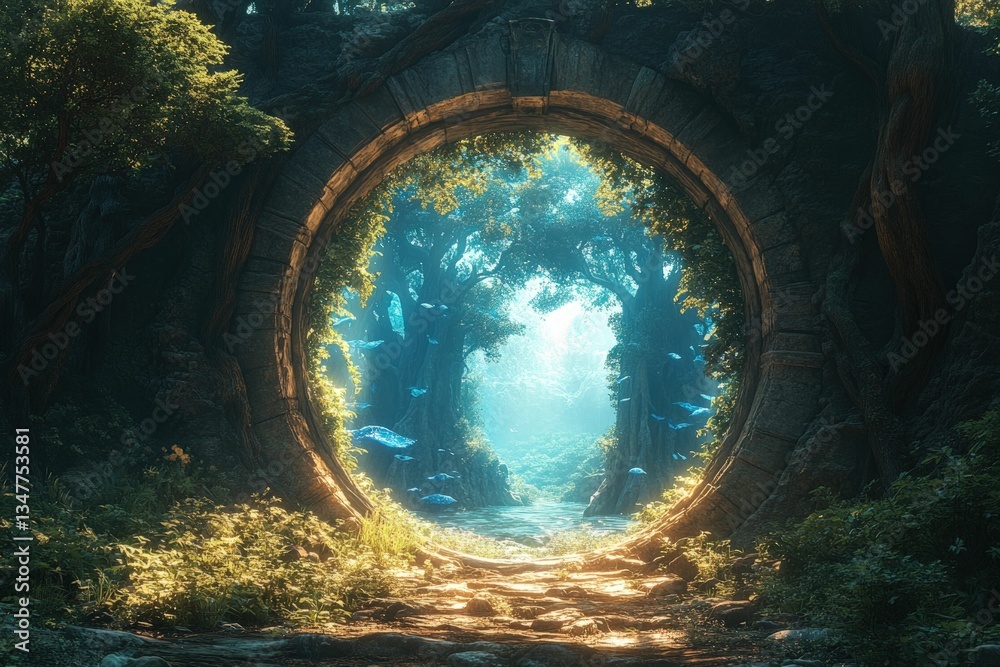 Fototapeta premium Mystical stone archway reveals serene forest path.