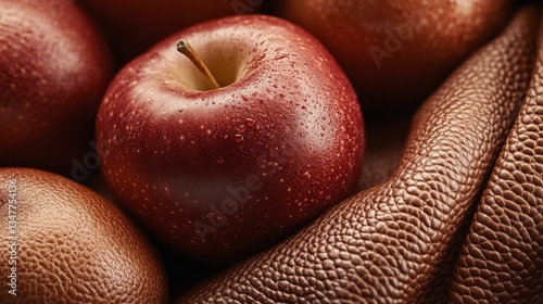 A close up shot of red apples with water droplets and a brown leather material. Good for healthy food, or natural ingredient related designs.