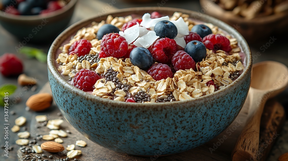 Delicious and Nutritious Berry Breakfast Bowl with Oats, Coconut, Chia Seeds, and Almonds for a Healthy Morning Start. Delicious and Nutritious Berry Breakfast Bowl with Oats, Coconut, Chia Seeds, and Almonds for a Healthy Morning Start.