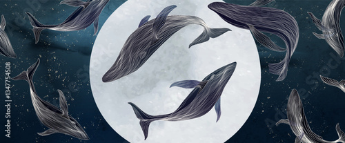 Dark art background with whales on the moon background hand drawn in white line art style. Vector banner for decor, print, poster, wallpaper, social media, interior, packaging, cover