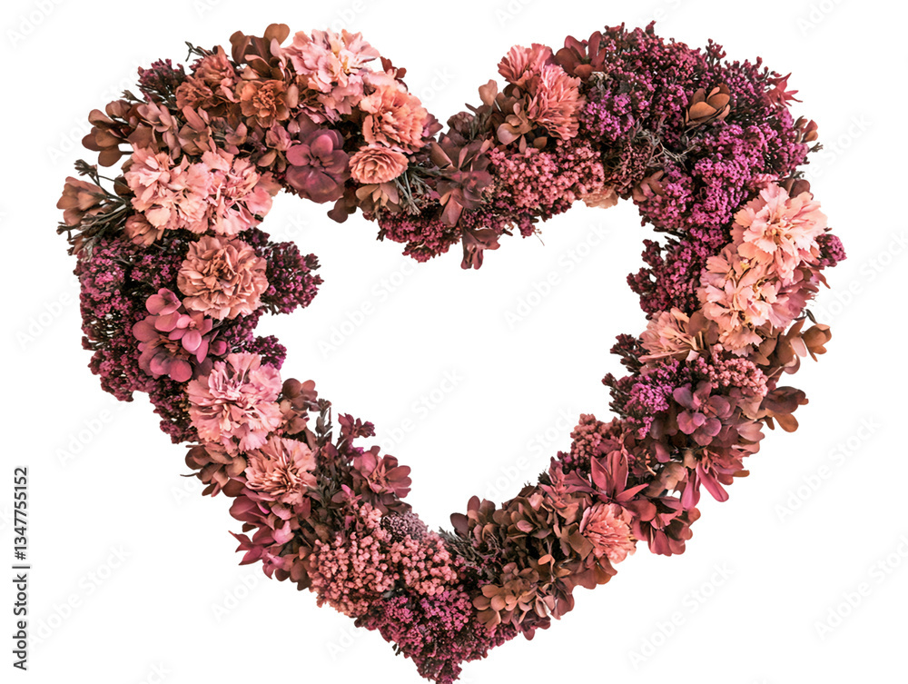 Fototapeta premium Pink and Mauve Flower Heart Wreath on Transparent Background, PNG