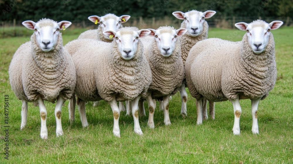 Fototapeta premium Majestic Flock: Six Sheep in a Lush Green Pasture