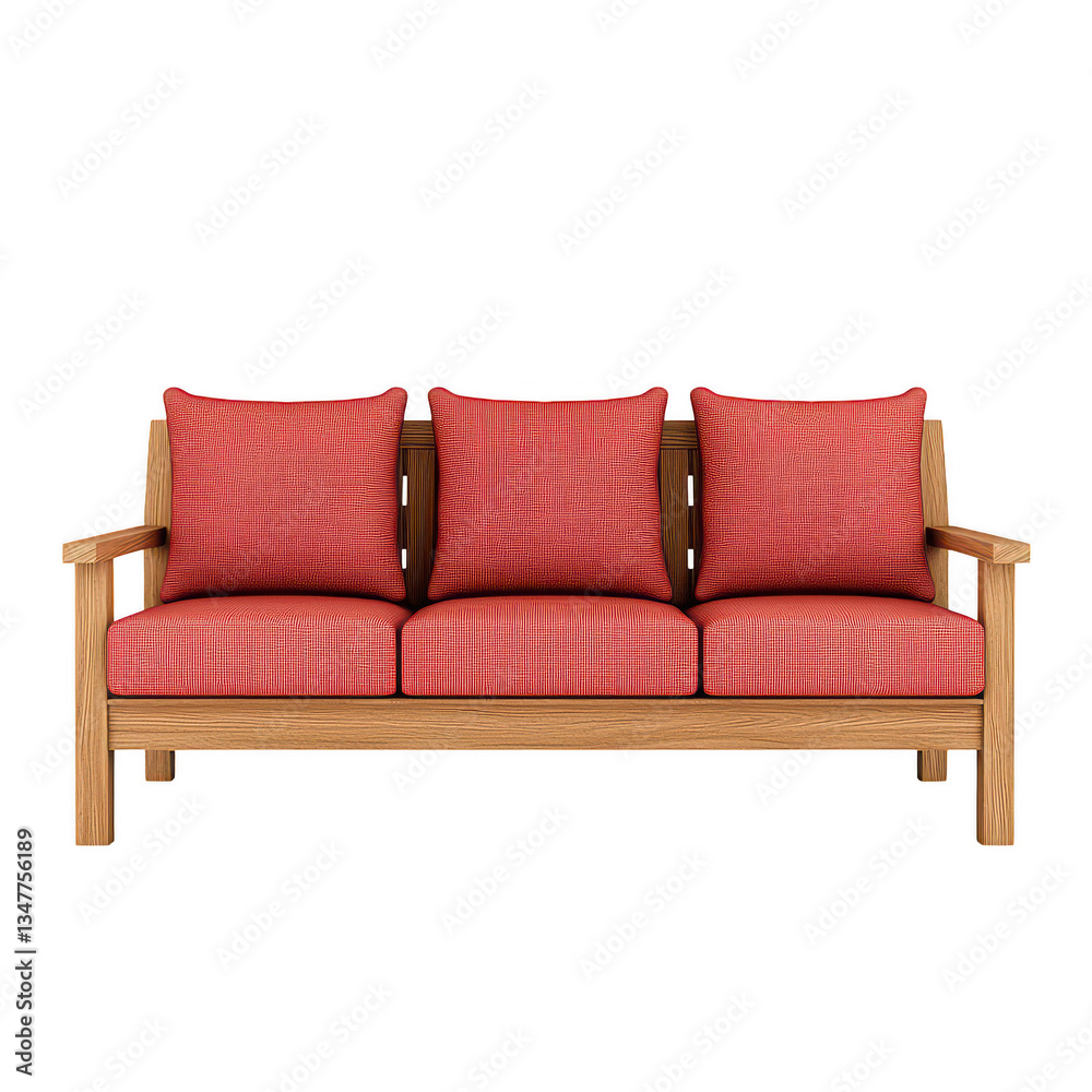 Fototapeta premium A stylish wooden sofa featuring natural finish and vibrant red cushions, perfect for enhancing any living space with comfort and elegance. This piece combines modern design with classic charm