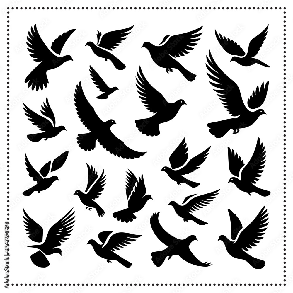 Collection of Black Dove Silhouettes in Flight