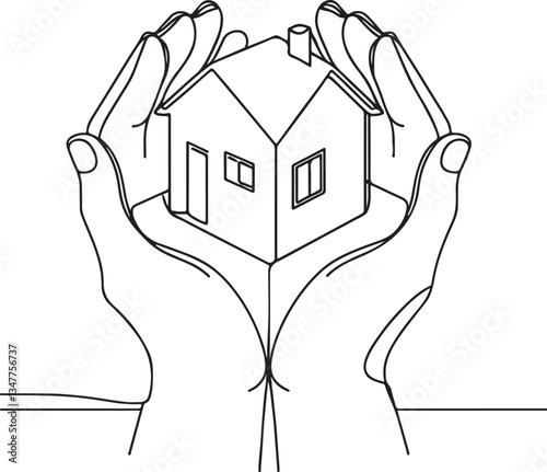 Minimalist Line Drawing of Hands Holding a House