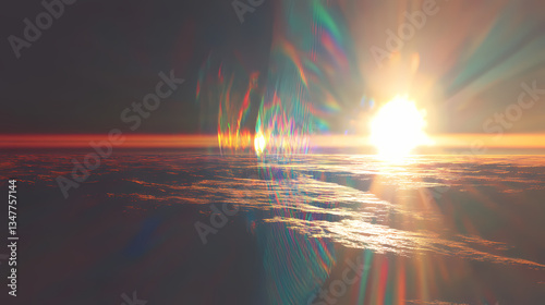 A distorted image of a landscape with light flares and chromatic aberration, showing the effect of imperfect lens optics. Ember-Forged. Illustration