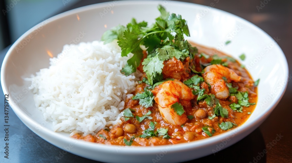 Delicious Indian shrimp curry with aromatic spices and fluffy basmati rice Delicious Indian shrimp curry with aromatic spices and fluffy basmati rice