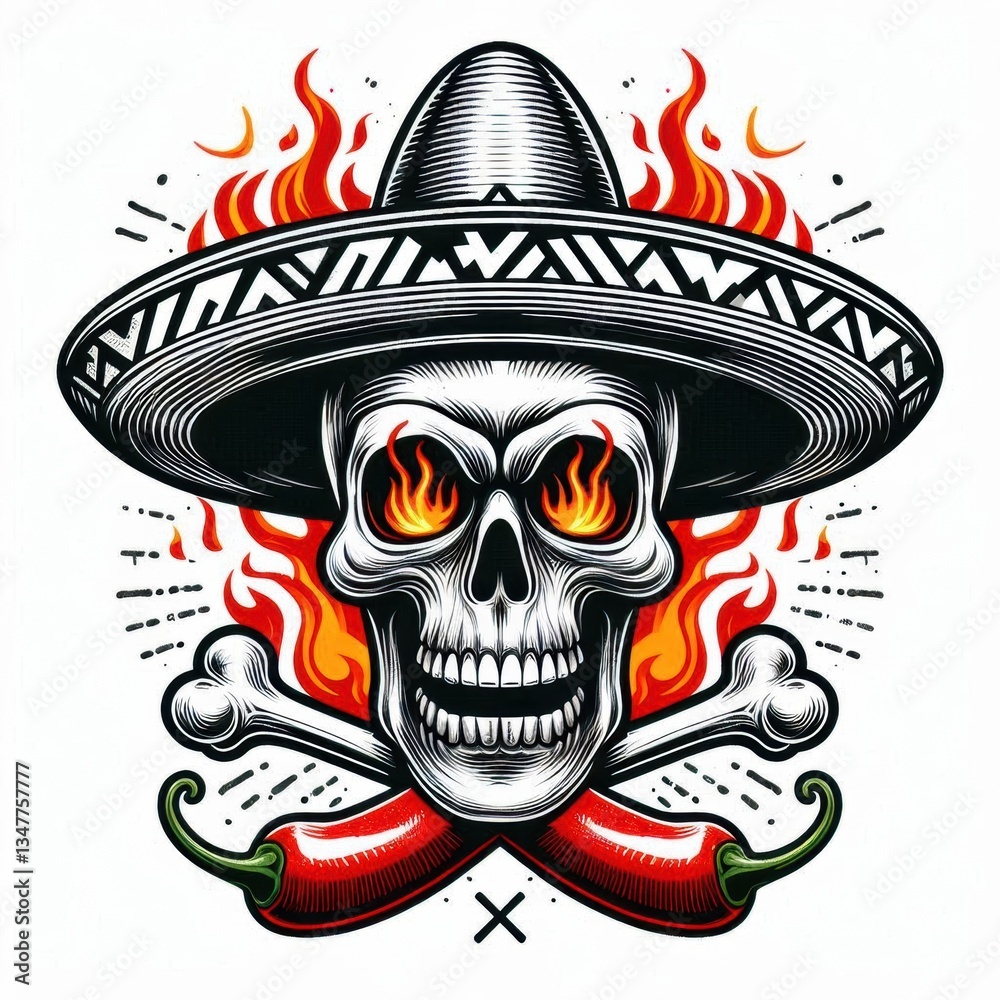 Fototapeta premium Skull wearing a sombrero, with crossed chili peppers and flames. White background. Space for text.