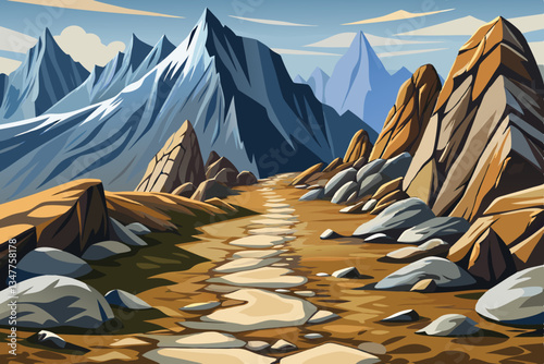 road path in rocky mountains with stones illustration cartoon