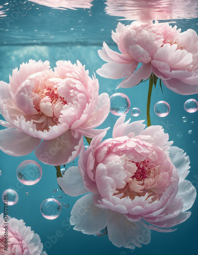 Delicate pink peonies floating in crystal-clear water, surrounded by shimmering air bubbles.
