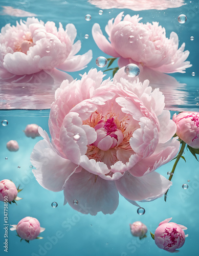Delicate pink peonies floating in crystal-clear water, surrounded by shimmering air bubbles.