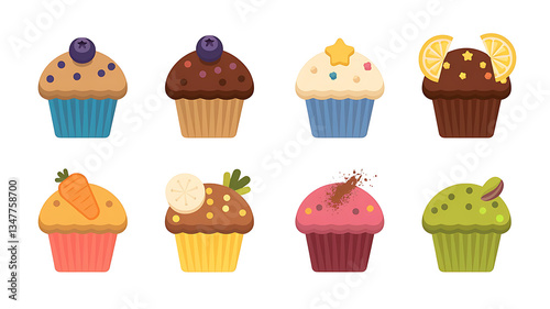 Colorful cupcakes various toppings flat design food illustration