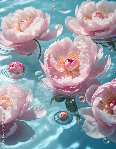 Delicate pink peonies floating in crystal-clear water, surrounded by shimmering air bubbles.