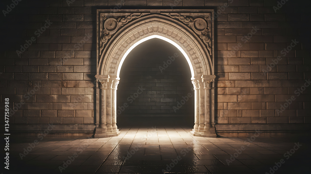 Fototapeta premium Ancient stone archway illuminated passage mysterious interior
