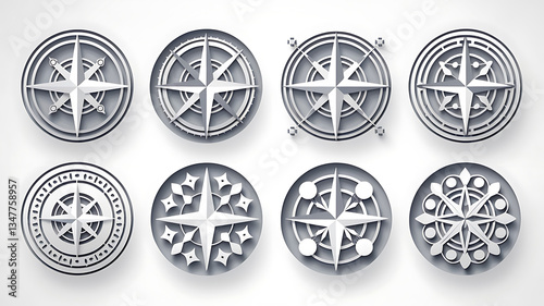 Elegant stylized compass and decorative designs Paper cut-out effect Vector graphics
