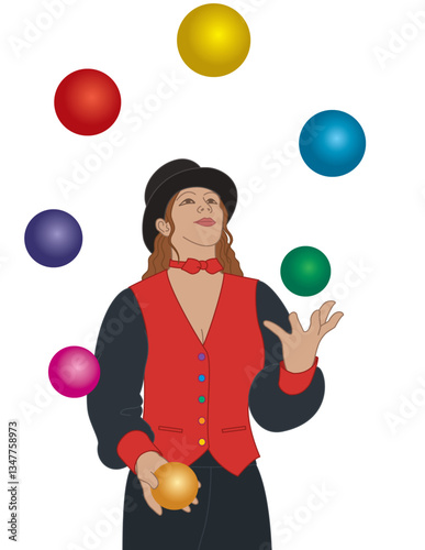 female juggler and entertainer juggling colorful balls isolated on a white background