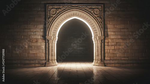Ancient stone archway illuminated passage mysterious interior