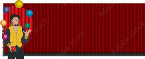 female juggler and entertainer in the spotlight juggling colorful balls on stage with red curtains in the background, suitable for website banner or header