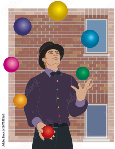 male juggler and entertainer juggling colorful balls on the street with a brick wall in the background