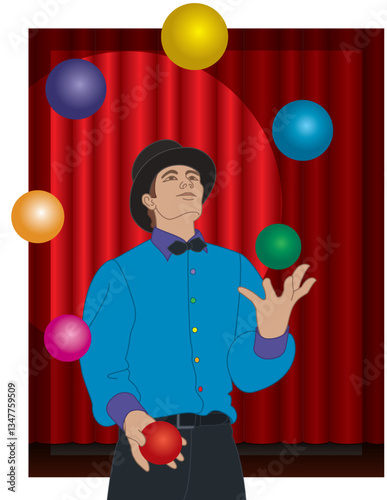 male juggler and entertainer in the spotlight juggling colorful balls on stage with red curtains in the background
