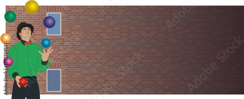 male juggler and entertainer juggling colorful balls on the street with a brick wall in the background, suitable for website banner or header