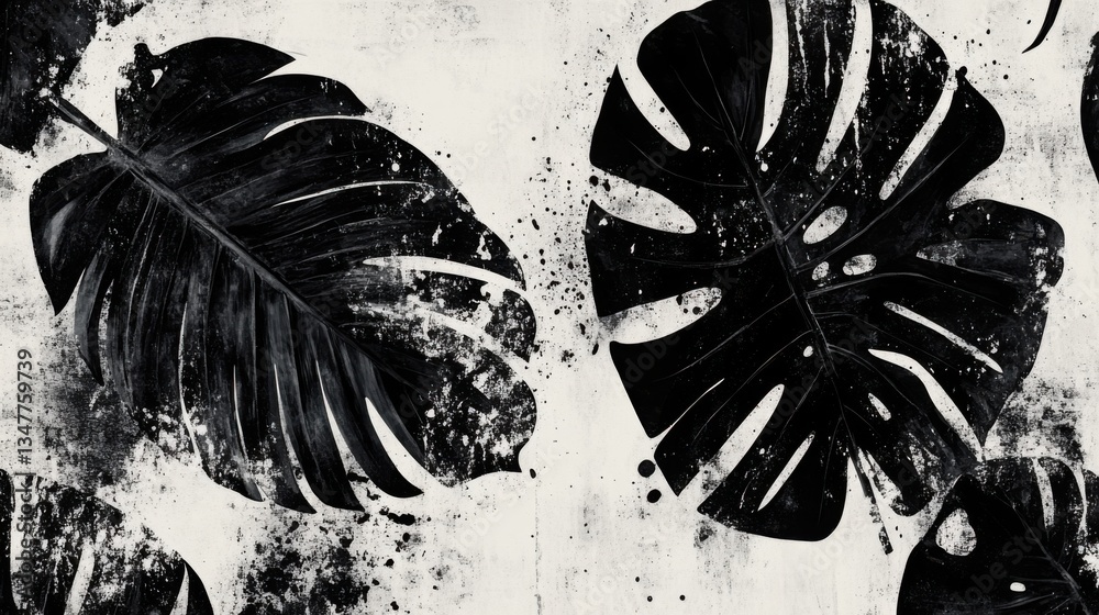 Fondo artístico hojas monstera en blanco y negro