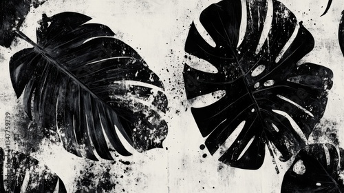 Obraz na płótnie Fondo artístico hojas monstera en blanco y negro w salonie