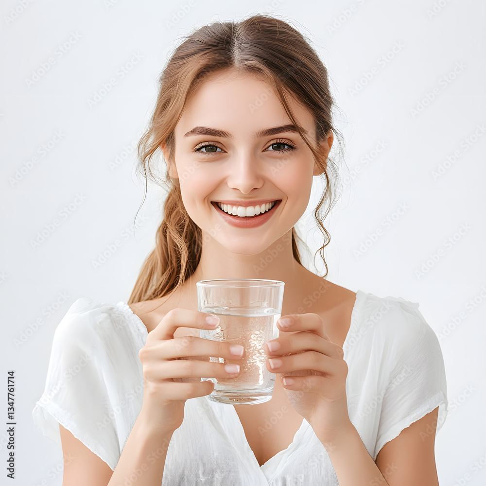 A cheerful young woman smiles broadly while holding a glass of water, radiating positivity. A cheerful young woman smiles broadly while holding a glass of water, radiating positivity.