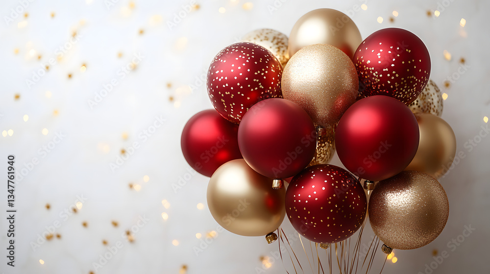 A stunning arrangement of red and gold balloons radiating celebration and warmth. A stunning arrangement of red and gold balloons radiating celebration and warmth.