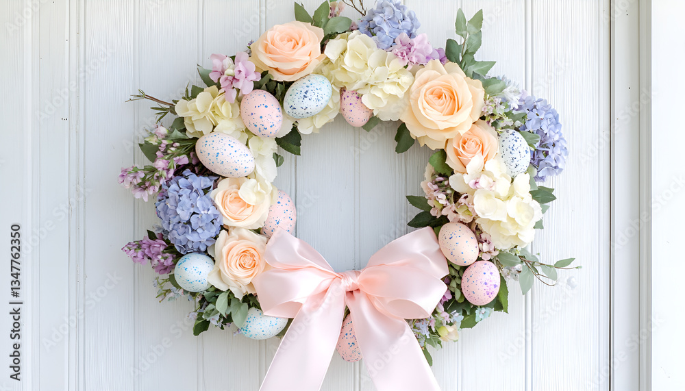 Obraz premium Elegant easter wreath adorned with pastel flowers and decorative eggs for festive spring decor