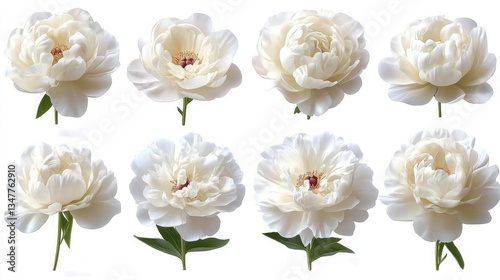 Fototapeta Naklejka Na Ścianę i Meble -  Set of white peonies isolated on white. Set of beautiful white peony flowers on white background.