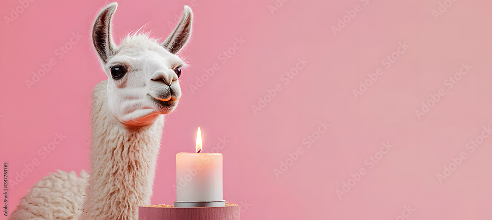 Fototapeta premium llama enjoys a cozy moment lighting an aromatherapy candle on a soft pink background