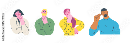 Thinking people, modern flat vector concept illustrations set- people standing thoughtfully. Metaphor for reflection, analysis, introspection, contemplation, deep thought