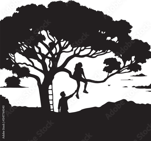 Silhouette  vector of two people on a tree on white background