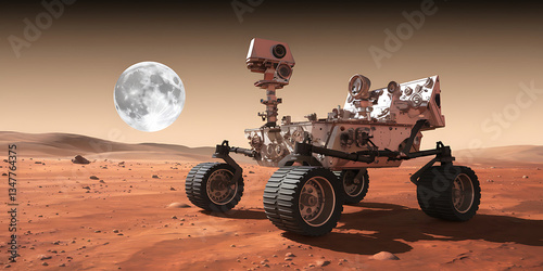 Mars rover exploring a dusty Martian landscape under a large moon