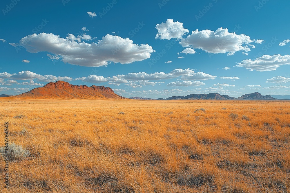 Fototapeta premium Golden grasslands meet dramatic red rock mountains under a vibrant