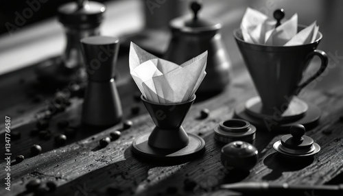 Coffee preparation equipment arranged on a rustic wooden surface beautifully