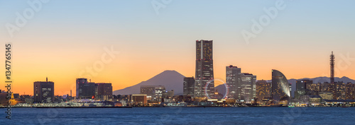 Yokohama skyline at sunset with Mount Fuji in the background, Kanagawa Prefecture, Japan