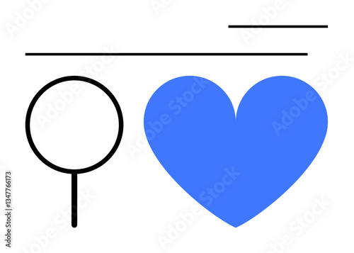 Magnifying glass, blue heart, and horizontal lines. Ideal for online search, love, connection, support, relationships discovery minimalistic concepts. Flat simple metaphor