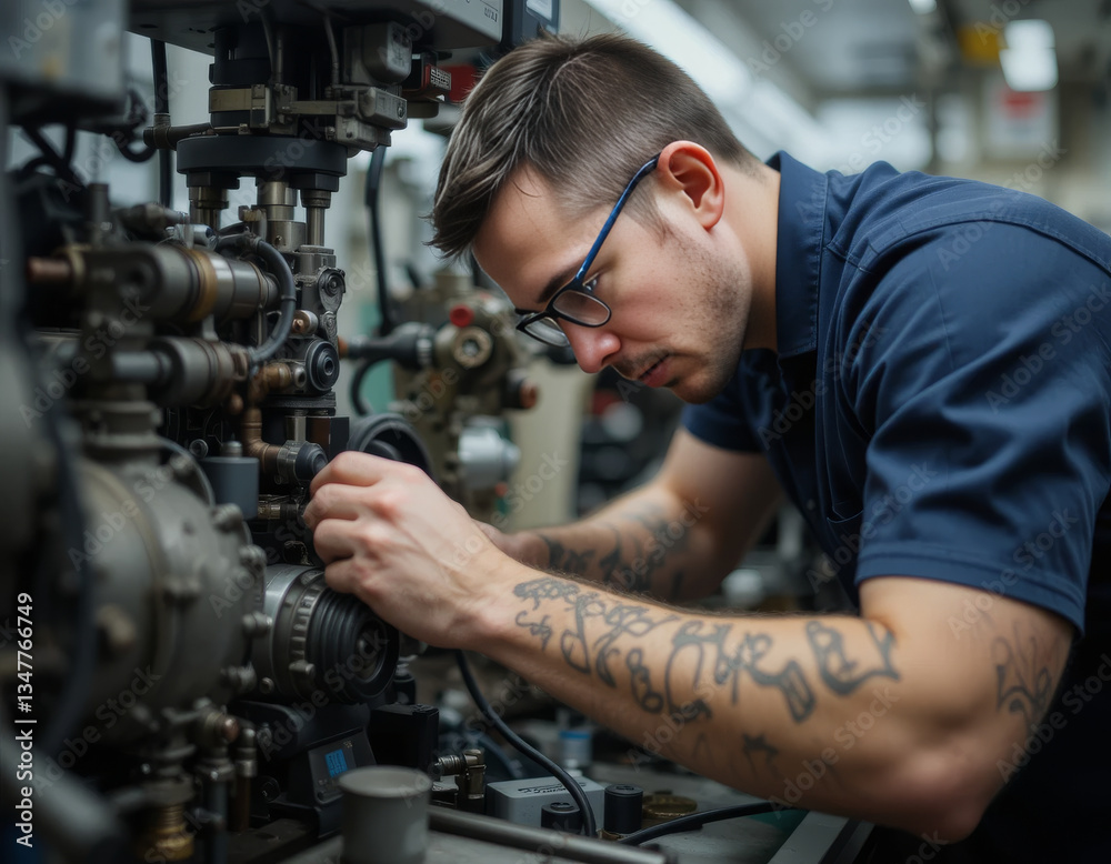 focused technician works machinery, showcasing expertise and precision mechanical environment focused technician works machinery, showcasing expertise and precision mechanical environment