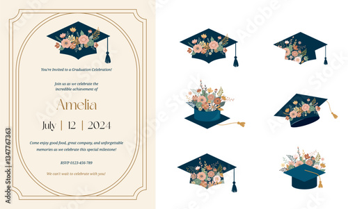 Art Deco Framed Graduation Party Invitation with Floral Graduation Caps