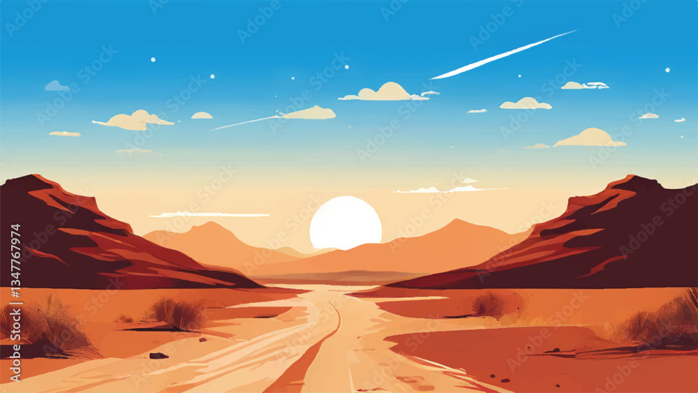 Naklejka premium Desert Landscape. Scorching Summer Day in a Desert Landscape. Vector illustration.