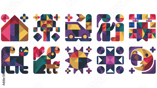 Geometric shapes vibrant colors playful designs Cute colorful abstract icons