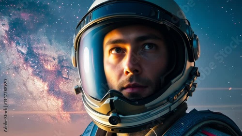 Close-up video of an astronaut in space, contemplating the vastness of outer space around him. contemplation, tech, trailer, movie, cinematic, cinematography, surreal, star, stars, universe