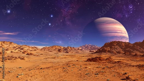 Animation of the surface of Mars, where Jupiter and space stars are clearly visible in the sky, as well as sand, dust and red rocks on the planet. cosmos, stars, opportunity, nebula, solar system