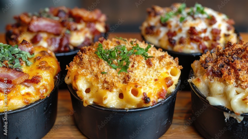 A close-up of four delicious bowls of baked macaroni and cheese, each with a golden, crispy crust on top, showcasing different variations with added toppings like bacon, herbs, and breadcrumbs. A close-up of four delicious bowls of baked macaroni and cheese, each with a golden, crispy crust on top, showcasing different variations with added toppings like bacon, herbs, and breadcrumbs.