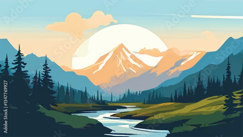 Mountain landscape with beautiful sunset view. Nature landscape. Vector illustration.