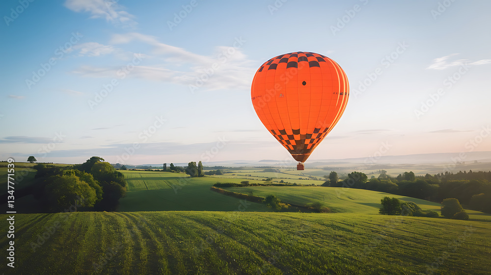 Obraz premium Sunrise hot air balloon over rolling green fields