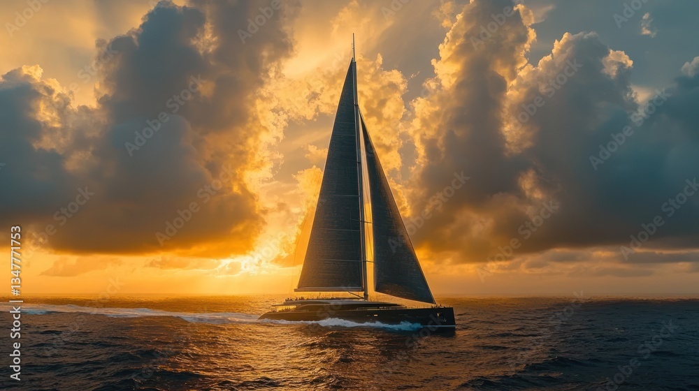 Fototapeta premium Sunset Sailboat at Sea, Dramatic Clouds